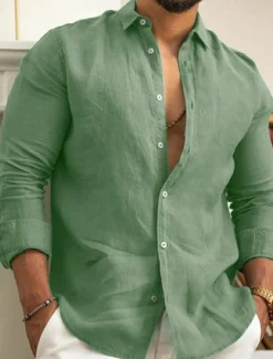 Men's Linen Shirt Summer Shirt Beach Wear Casual Shirt Button Up Shirt Plain Casual Daily Black White Pink Navy Blue Long Sleeve Lapel Spring & Summer Clothing Apparel