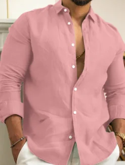 Men's Linen Shirt Summer Shirt Beach Wear Casual Shirt Button Up Shirt Plain Casual Daily Black White Pink Navy Blue Long Sleeve Lapel Spring & Summer Clothing Apparel