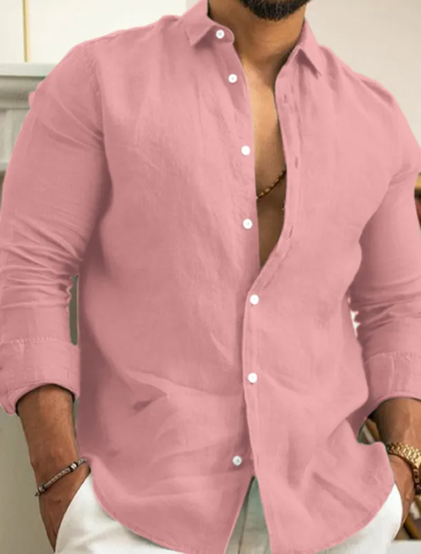 Men's Linen Shirt Summer Shirt Beach Wear Casual Shirt Button Up Shirt Plain Casual Daily Black White Pink Navy Blue Long Sleeve Lapel Spring & Summer Clothing Apparel