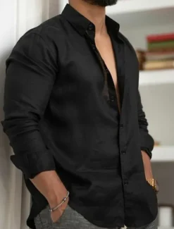 Men's Linen Shirt Summer Shirt Beach Wear Casual Shirt Button Up Shirt Plain Casual Daily Black White Pink Navy Blue Long Sleeve Lapel Spring & Summer Clothing Apparel