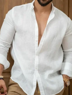 Men's Linen Shirt Summer Shirt Beach Wear Casual Shirt Button Up Shirt Plain Casual Daily Black White Pink Navy Blue Long Sleeve Lapel Spring & Summer Clothing Apparel