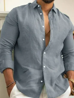 Men's Linen Shirt Summer Shirt Beach Wear Casual Shirt Button Up Shirt Plain Casual Daily Black White Pink Navy Blue Long Sleeve Lapel Spring & Summer Clothing Apparel