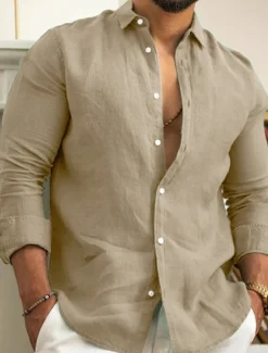 Men's Linen Shirt Summer Shirt Beach Wear Casual Shirt Button Up Shirt Plain Casual Daily Black White Pink Navy Blue Long Sleeve Lapel Spring & Summer Clothing Apparel