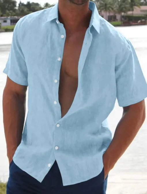 Men's Linen Shirt Summer Shirt Beach Shirt Solid Color Hawaiian Holiday Black White Pink Blue Short Sleeve Turndown Summer Clothing Apparel Button-Down