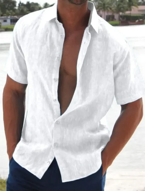 Men's Linen Shirt Summer Shirt Beach Shirt Solid Color Hawaiian Holiday Black White Pink Blue Short Sleeve Turndown Summer Clothing Apparel Button-Down