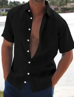 Men's Linen Shirt Summer Shirt Beach Shirt Solid Color Hawaiian Holiday Black White Pink Blue Short Sleeve Turndown Summer Clothing Apparel Button-Down