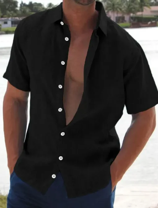Men's Linen Shirt Summer Shirt Beach Shirt Solid Color Hawaiian Holiday Black White Pink Blue Short Sleeve Turndown Summer Clothing Apparel Button-Down