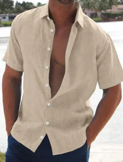 Men's Linen Shirt Summer Shirt Beach Shirt Solid Color Hawaiian Holiday Black White Pink Blue Short Sleeve Turndown Summer Clothing Apparel Button-Down