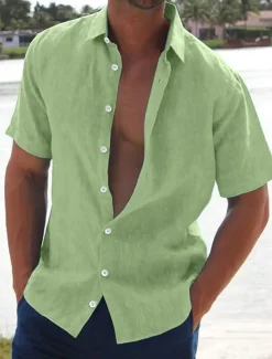 Men's Linen Shirt Summer Shirt Beach Shirt Solid Color Hawaiian Holiday Black White Pink Blue Short Sleeve Turndown Summer Clothing Apparel Button-Down