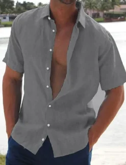 Men's Linen Shirt Summer Shirt Beach Shirt Solid Color Hawaiian Holiday Black White Pink Blue Short Sleeve Turndown Summer Clothing Apparel Button-Down