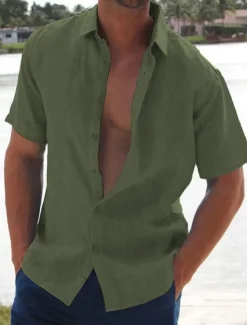 Men's Linen Shirt Summer Shirt Beach Shirt Solid Color Hawaiian Holiday Black White Pink Blue Short Sleeve Turndown Summer Clothing Apparel Button-Down