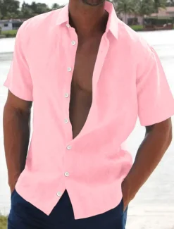 Men's Linen Shirt Summer Shirt Beach Shirt Solid Color Hawaiian Holiday Black White Pink Blue Short Sleeve Turndown Summer Clothing Apparel Button-Down