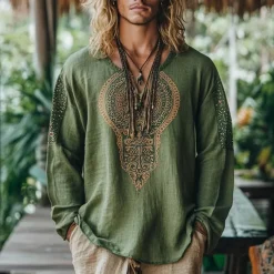 Men's Linen Shirt Summer Shirt Vintage Shirt Ethnic Shirt Long Sleeve Shirt Boho Vacation Street Green Long Sleeve V Neck Summer Spring Clothing Apparel Ethnic