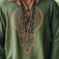 Men's Linen Shirt Summer Shirt Vintage Shirt Ethnic Shirt Long Sleeve Shirt Boho Vacation Street Green Long Sleeve V Neck Summer Spring Clothing Apparel Ethnic