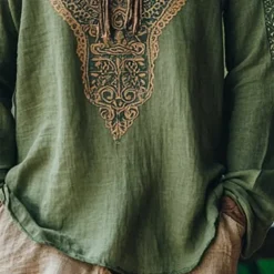 Men's Linen Shirt Summer Shirt Vintage Shirt Ethnic Shirt Long Sleeve Shirt Boho Vacation Street Green Long Sleeve V Neck Summer Spring Clothing Apparel Ethnic