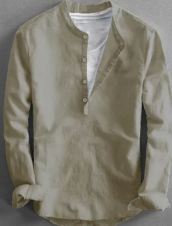 Men's Linen Shirt Summer Shirt Casual Shirt Henley Shirt Plain Casual Daily Black White Yellow Pink Long Sleeve Collar Spring & Summer Clothing Apparel