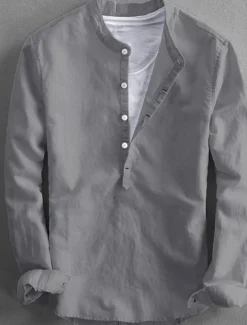 Men's Linen Shirt Summer Shirt Casual Shirt Henley Shirt Plain Casual Daily Black White Yellow Pink Long Sleeve Collar Spring & Summer Clothing Apparel