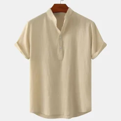 Men's Linen Shirt Summer Shirt Beach Shirt Black White Brown Short Sleeve Plain Standing Collar Summer Casual Holiday Clothing Apparel