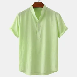 Men's Linen Shirt Summer Shirt Beach Shirt Black White Brown Short Sleeve Plain Standing Collar Summer Casual Holiday Clothing Apparel