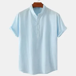 Men's Linen Shirt Summer Shirt Beach Shirt Black White Brown Short Sleeve Plain Standing Collar Summer Casual Holiday Clothing Apparel