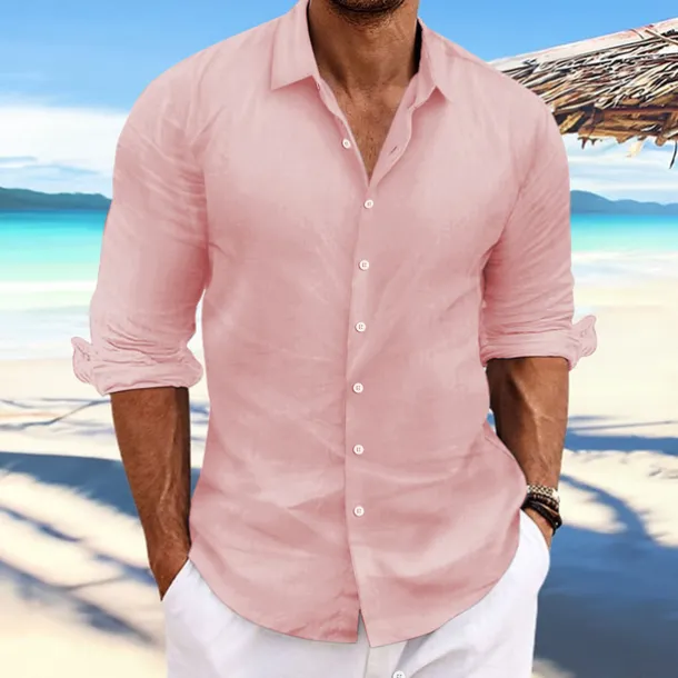 Men's Linen Shirt Summer Shirt Beach Wear Casual Shirt Button Up Shirt Plain Casual Daily Light Yellow White Pink Dark Navy Long Sleeve Spring & Summer Clothing Apparel