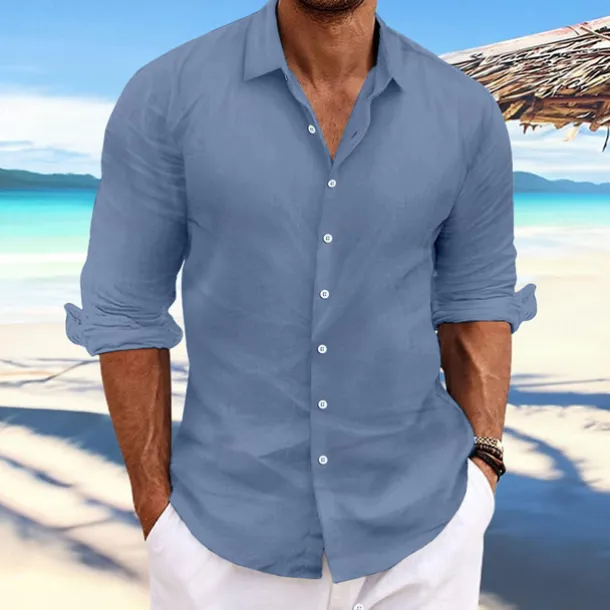 Men's Linen Shirt Summer Shirt Beach Wear Casual Shirt Button Up Shirt Plain Casual Daily Light Yellow White Pink Dark Navy Long Sleeve Spring & Summer Clothing Apparel