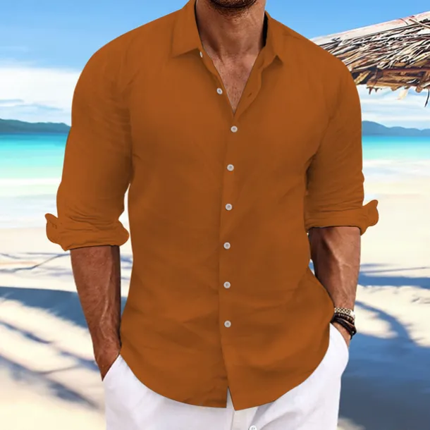 Men's Linen Shirt Summer Shirt Beach Wear Casual Shirt Button Up Shirt Plain Casual Daily Light Yellow White Pink Dark Navy Long Sleeve Spring & Summer Clothing Apparel