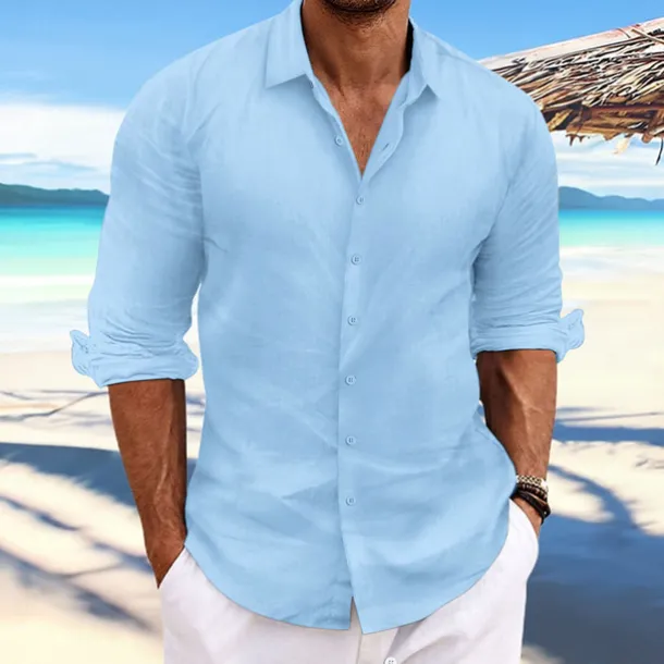 Men's Linen Shirt Summer Shirt Beach Wear Casual Shirt Button Up Shirt Plain Casual Daily Light Yellow White Pink Dark Navy Long Sleeve Spring & Summer Clothing Apparel
