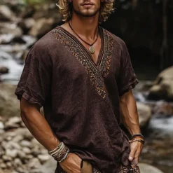 Men's Linen Shirt Summer Shirt Vintage Shirt Short Sleeve Shirt Ethnic Shirt Patchwork Vacation Street Coffee Short Sleeve V Neck Summer Clothing Apparel Ethnic