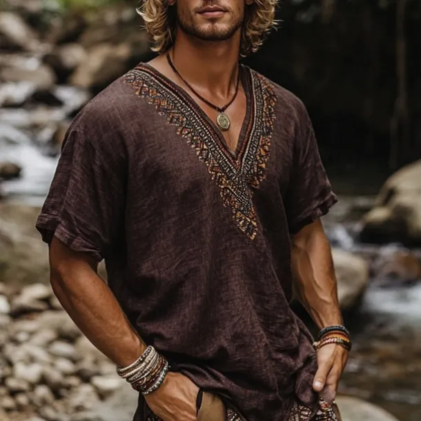 Men's Linen Shirt Summer Shirt Vintage Shirt Short Sleeve Shirt Ethnic Shirt Patchwork Vacation Street Coffee Short Sleeve V Neck Summer Clothing Apparel Ethnic