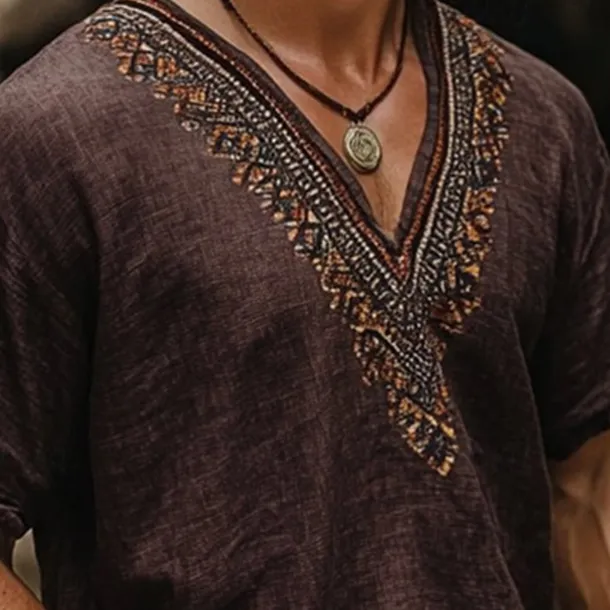 Men's Linen Shirt Summer Shirt Vintage Shirt Short Sleeve Shirt Ethnic Shirt Patchwork Vacation Street Coffee Short Sleeve V Neck Summer Clothing Apparel Ethnic