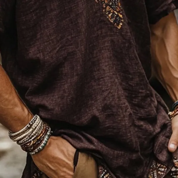 Men's Linen Shirt Summer Shirt Vintage Shirt Short Sleeve Shirt Ethnic Shirt Patchwork Vacation Street Coffee Short Sleeve V Neck Summer Clothing Apparel Ethnic