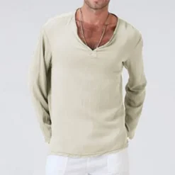 Men's Linen Shirt T Shirt Tee Long Sleeve Shirt Long Sleeve V Neck Summer Spring & Fall Striped Vintage Fashion V Neck Work Office / Career Casual Black White Green Top Tee for Men