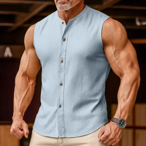 Men's Linen Shirt Tank Top Vest Top Undershirt Sleeveless Round Neck Mandarin Collar Summer Spring & Summer Plain Fashion Designer Basic Buttons Button Front Vacation Street Casual Black Pink Wine