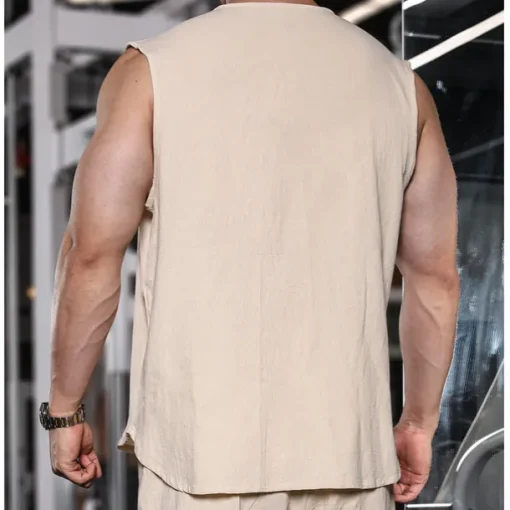 Men's Linen Shirt Tank Top Vest Top Undershirt Sleeveless Round Neck Mandarin Collar Summer Spring & Summer Plain Fashion Designer Basic Buttons Button Front Vacation Street Casual Black Pink Wine