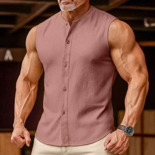 Men's Linen Shirt Tank Top Vest Top Undershirt Sleeveless Round Neck Mandarin Collar Summer Spring & Summer Plain Fashion Designer Basic Buttons Button Front Vacation Street Casual Black Pink Wine