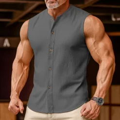Men's Linen Shirt Tank Top Vest Top Undershirt Sleeveless Round Neck Mandarin Collar Summer Spring & Summer Plain Fashion Designer Basic Buttons Button Front Vacation Street Casual Black Pink Wine