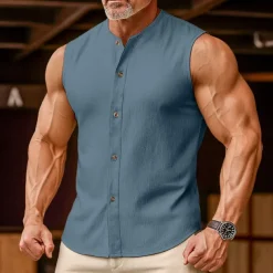 Men's Linen Shirt Tank Top Vest Top Undershirt Sleeveless Round Neck Mandarin Collar Summer Spring & Summer Plain Fashion Designer Basic Buttons Button Front Vacation Street Casual Black Pink Wine