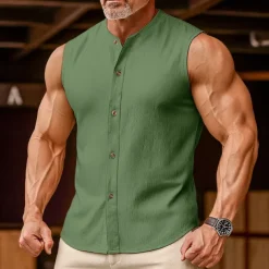 Men's Linen Shirt Tank Top Vest Top Undershirt Sleeveless Round Neck Mandarin Collar Summer Spring & Summer Plain Fashion Designer Basic Buttons Button Front Vacation Street Casual Black Pink Wine
