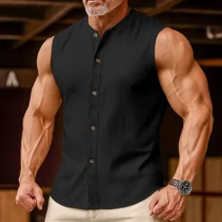Men's Linen Shirt Tank Top Vest Top Undershirt Sleeveless Round Neck Mandarin Collar Summer Spring & Summer Plain Fashion Designer Basic Buttons Button Front Vacation Street Casual Black Pink Wine