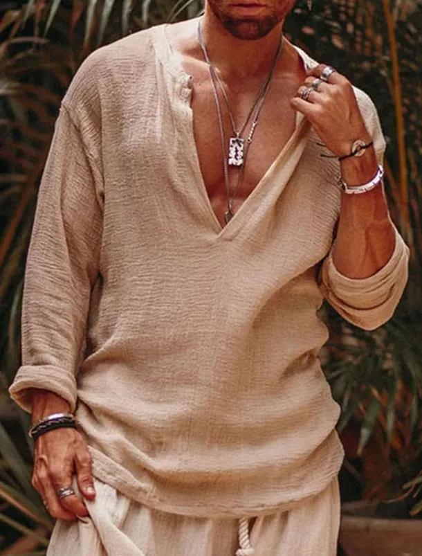 Men's Linen Shirt Viking Style Summer Shirt Beach Wear Casual Shirt Plain Vacation Curise White Green Long Sleeve V Neck Spring & Summer Clothing Apparel