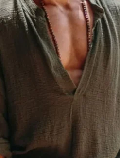 Men's Linen Shirt Viking Style Summer Shirt Beach Wear Casual Shirt Plain Vacation Curise White Green Long Sleeve V Neck Spring & Summer Clothing Apparel