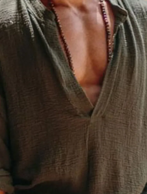 Men's Linen Shirt Viking Style Summer Shirt Beach Wear Casual Shirt Plain Vacation Curise White Green Long Sleeve V Neck Spring & Summer Clothing Apparel