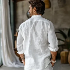 Men's Linen Shirt White Long Sleeve Fold-over Collar Summer Spring & Fall Clothing Apparel Casual Shirt Button Down Shirt Plain Lapel Summer Casual Daily Clothing Apparel