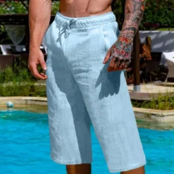 Men's Linen Shorts Summer Shorts Capri Pants Drawstring Elastic Waist Plain Comfort Breathable Outdoor Daily Going out Linen / Cotton Blend Fashion Casual Black White