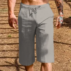 Men's Linen Shorts Summer Shorts Capri Pants Drawstring Elastic Waist Plain Comfort Breathable Outdoor Daily Going out Linen / Cotton Blend Fashion Casual Black White
