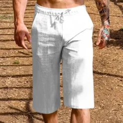 Men's Linen Shorts Summer Shorts Capri Pants Drawstring Elastic Waist Plain Comfort Breathable Outdoor Daily Going out Linen / Cotton Blend Fashion Casual Black White