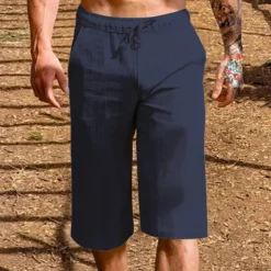 Men's Linen Shorts Summer Shorts Capri Pants Drawstring Elastic Waist Plain Comfort Breathable Outdoor Daily Going out Linen / Cotton Blend Fashion Casual Black White