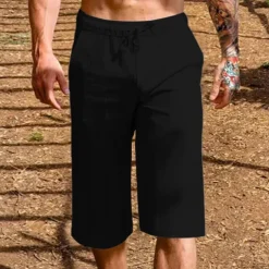 Men's Linen Shorts Summer Shorts Capri Pants Drawstring Elastic Waist Plain Comfort Breathable Outdoor Daily Going out Linen / Cotton Blend Fashion Casual Black White