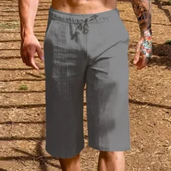 Men's Linen Shorts Summer Shorts Capri Pants Drawstring Elastic Waist Plain Comfort Breathable Outdoor Daily Going out Linen / Cotton Blend Fashion Casual Black White